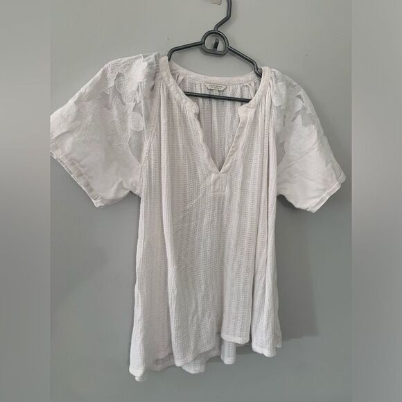 Lucky Brand Knit V-neck Short Sleeve Top Blouse Flowy Hippie Boho White Size M - Picture 2 of 8